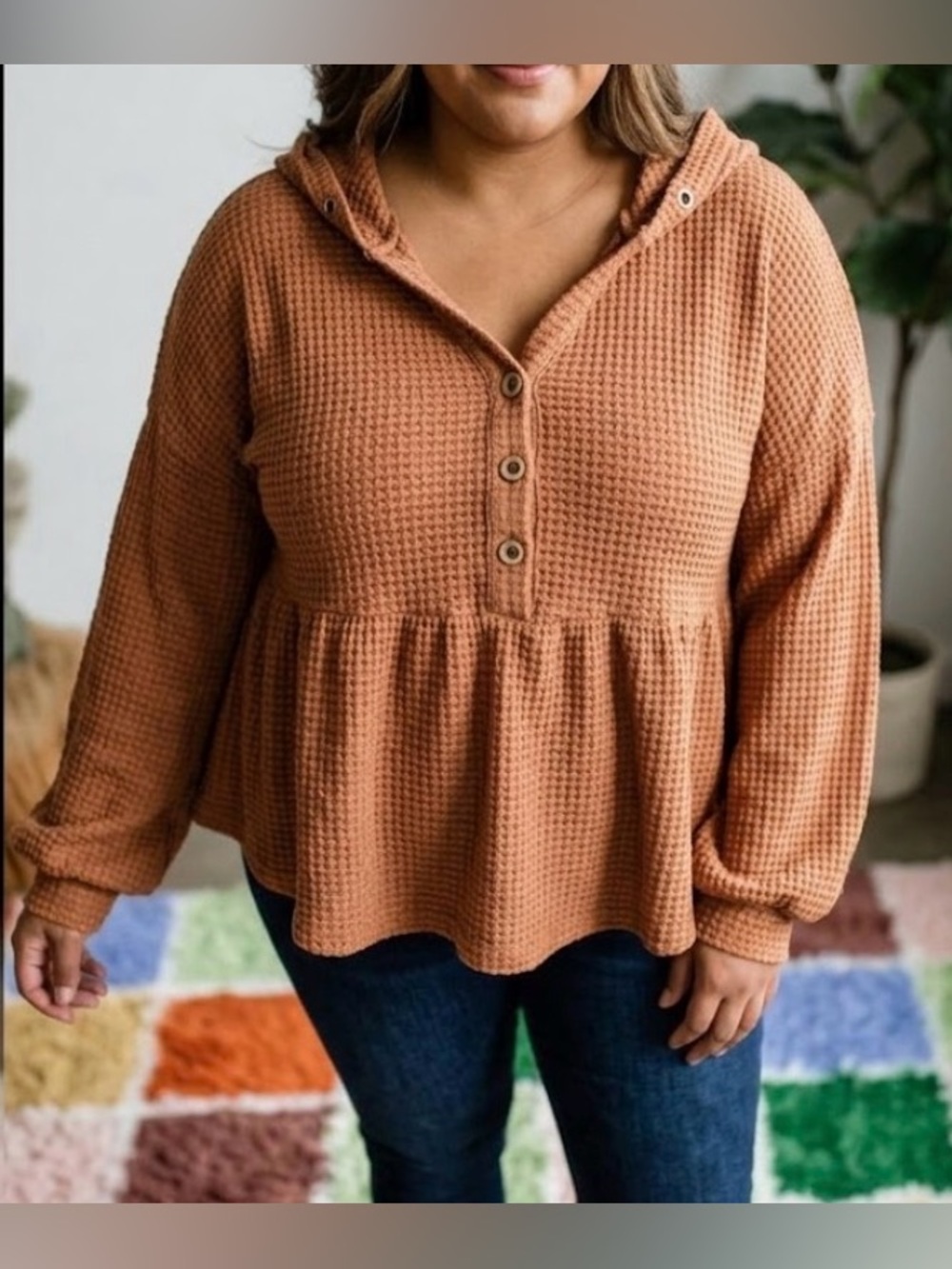 Carole Christian Orange Brown Waffle Knit Hoodie Sweater